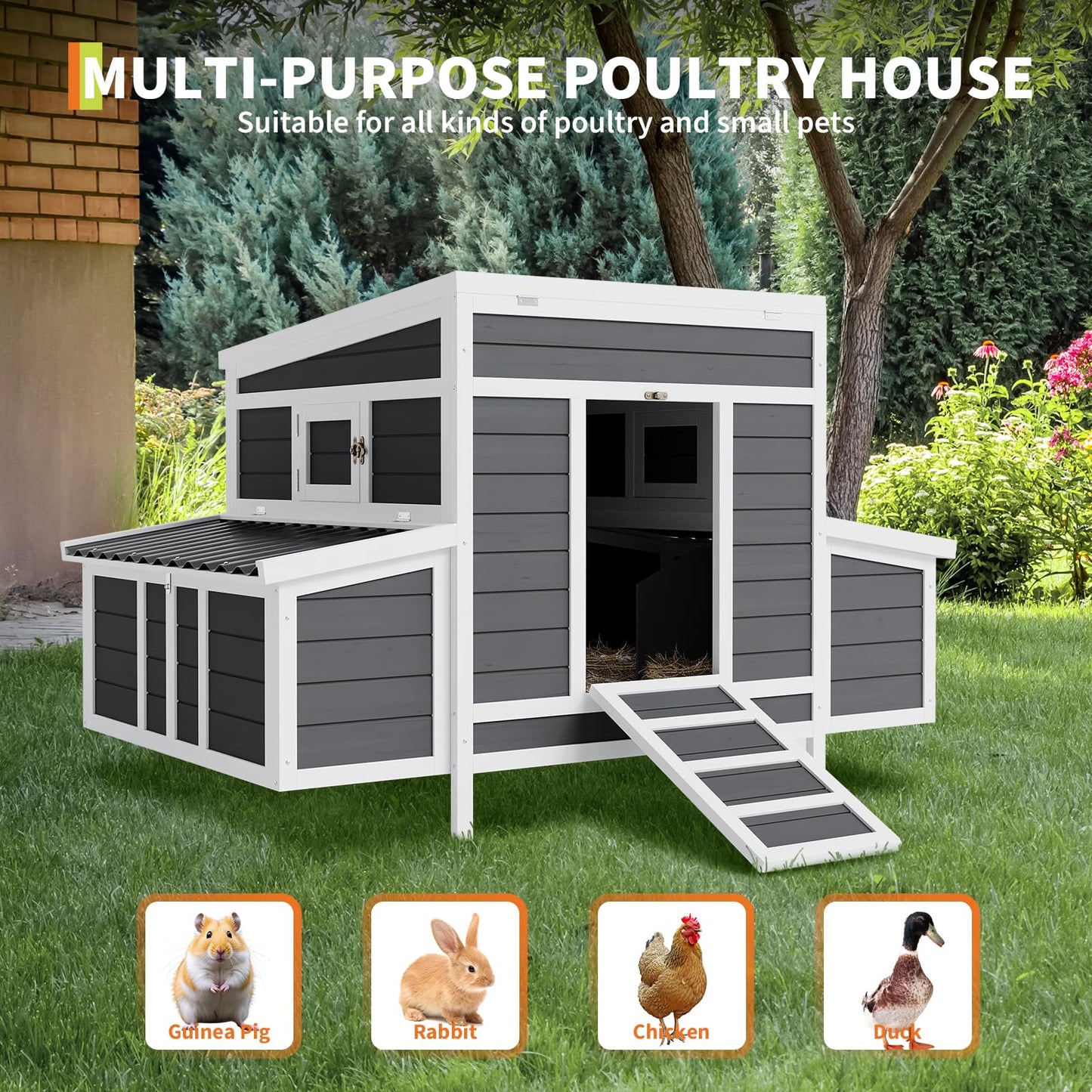 GarveeTech Small Chicken Coop Wooden, Chicken Hutch for 4-6 Chickens with 2 Nesting Boxes, Waterproof Roof, No-Slip Ramp & Pull-Out Tray, Rabbit Hutch Outdoor, Bunny Cage Indoor (54"l x 34"w x 34"h)