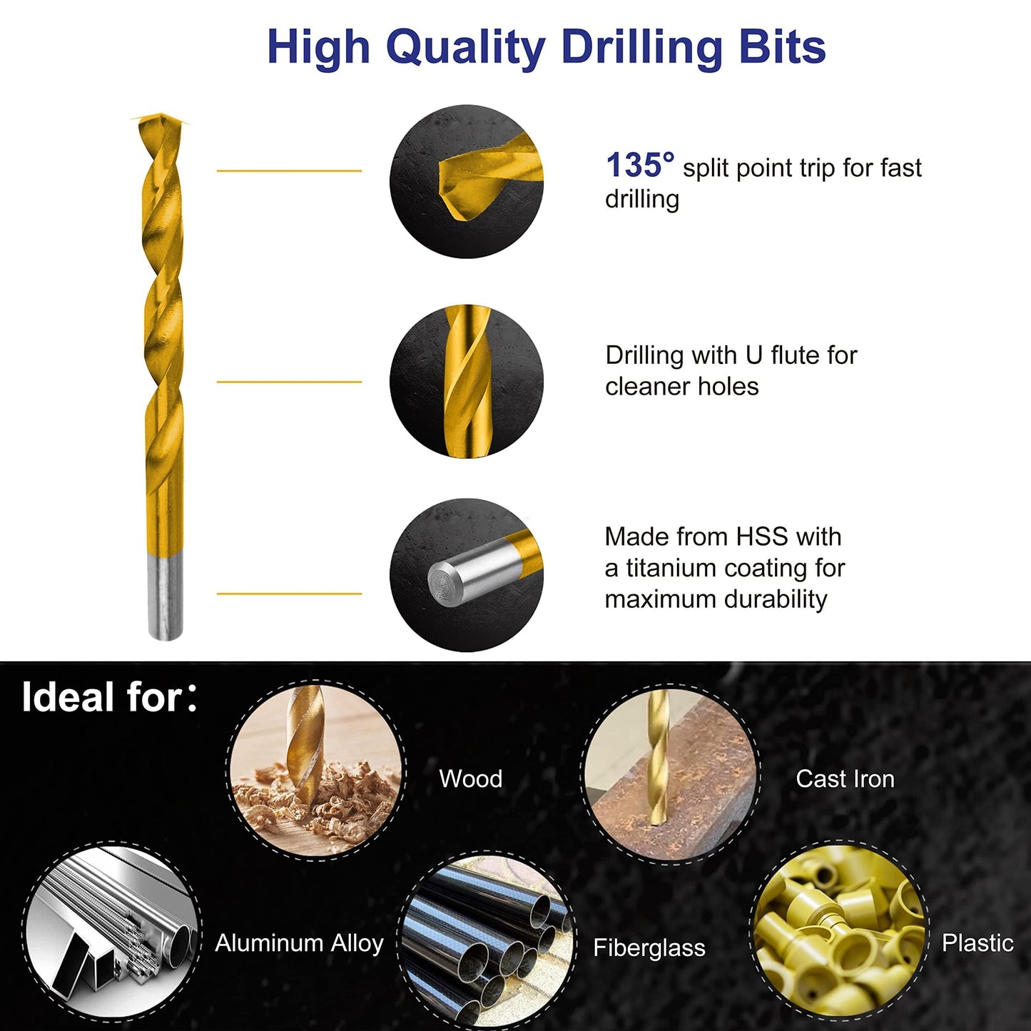 230 Pieces Titanium Twist Drill Bit Set, 135° Tip High Speed Steel, Size from 3/64" up to 1/2", Ideal Drilling in Wood/Cast Iron/Aluminum Alloy/Plastic/Fiberglass, with Hard Storage