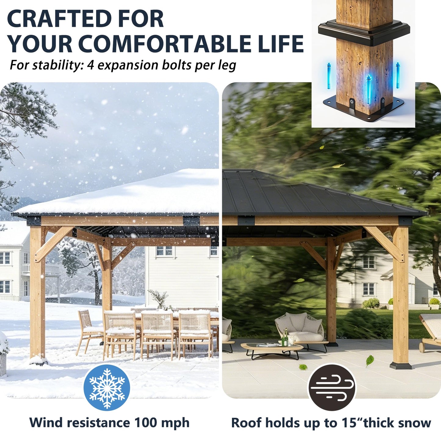 GOHONEI 12x20 ft Wood Gazebo, Hardtop Gazebo with Galvanized Steel Double Roof, Heavy Duty Pavilion for Patio Lawn and Garden