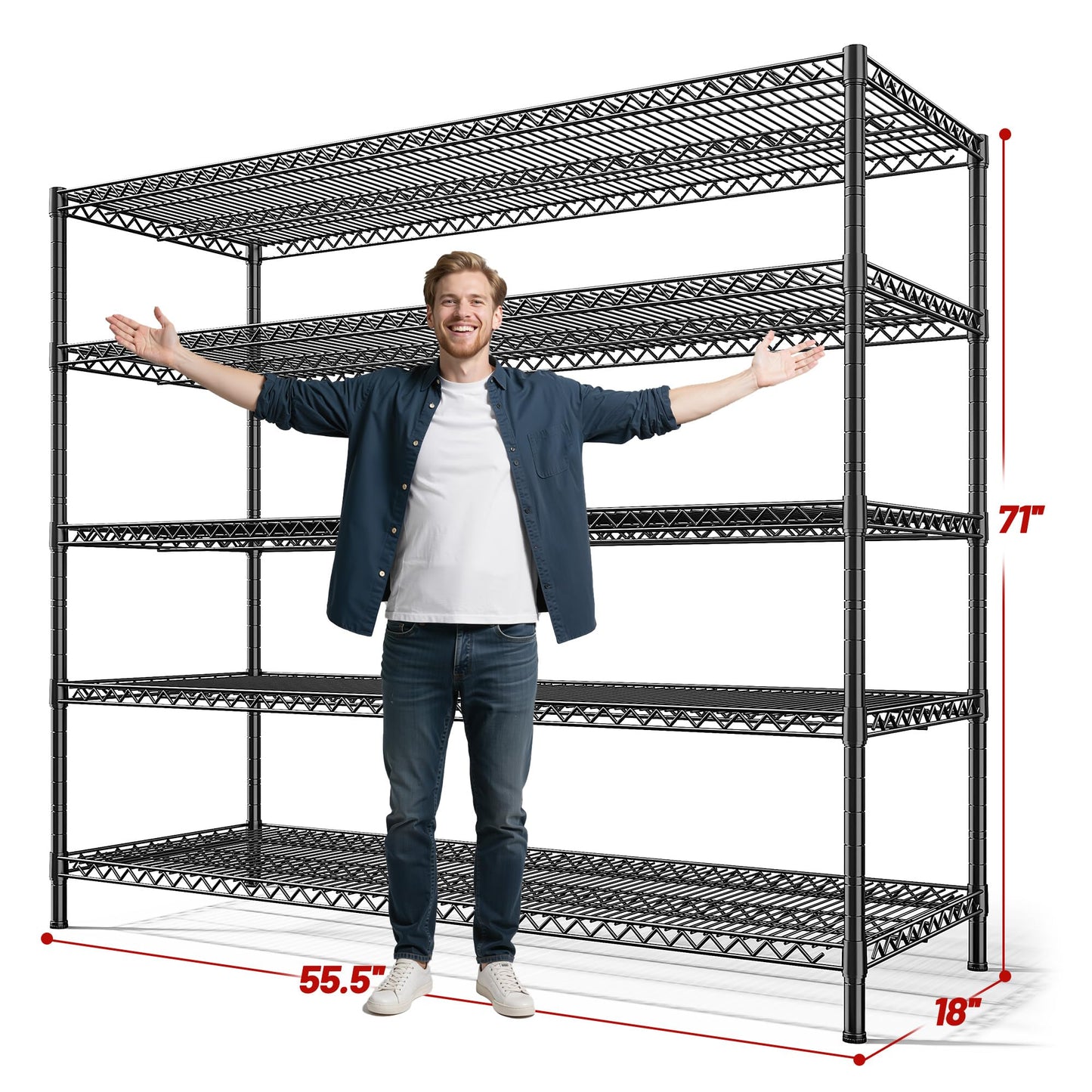 REIBII 55.5" W Storage Shelves 3200LBS Wire Shelving Unit 5 Tier Metal Shelving Garage Shelving 2PCS Heavy Duty Metal Shelves for Storage Rack Commercial Adjustable Pantry Shelf