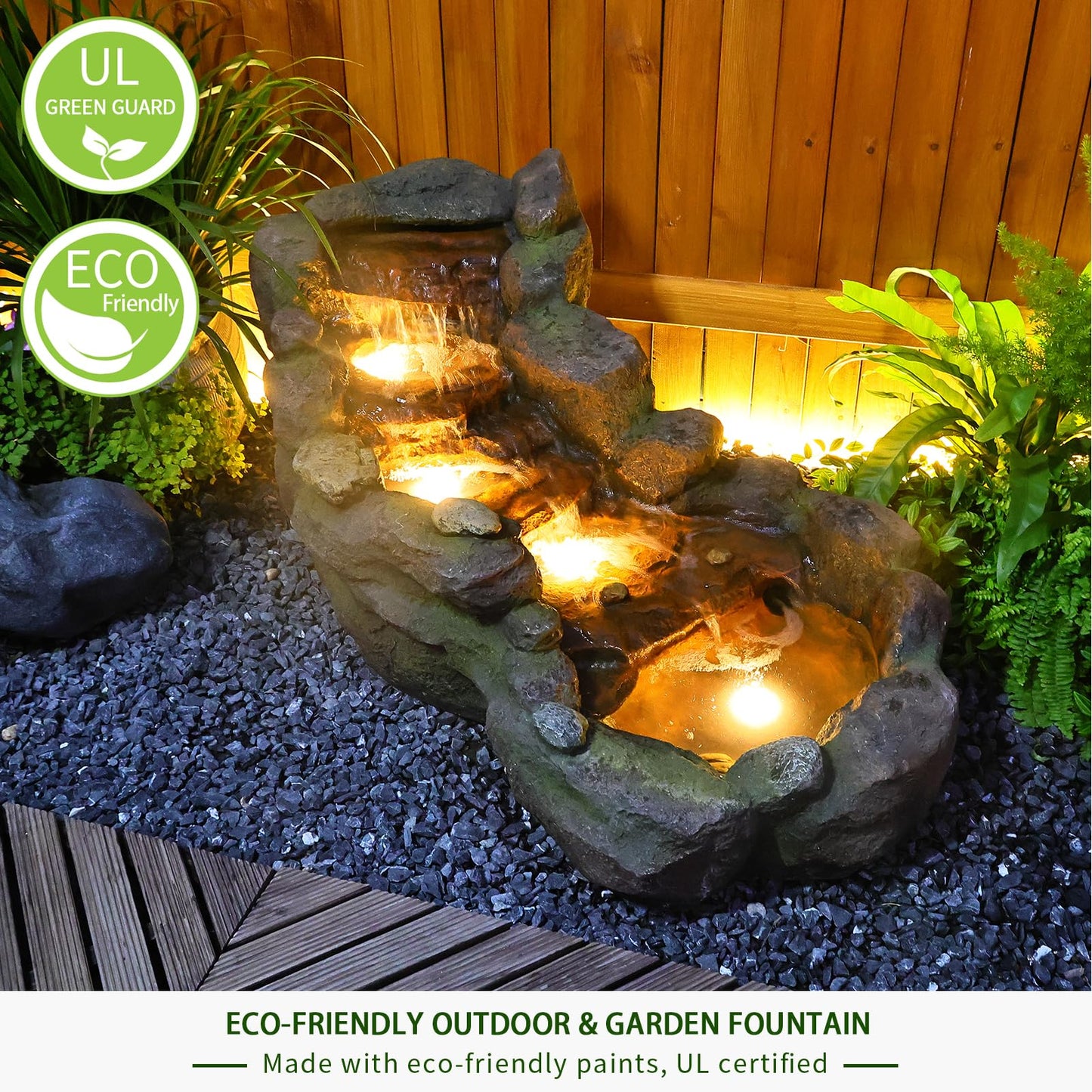 Bumilgar Garden Outdoor Water Fountain, 42.1" L Floor Standing Tiered Rock Outdoor Fountains with LED Lights and Pump for Garden, Backyard, Deck, Patio, Porch and Home Art Decor