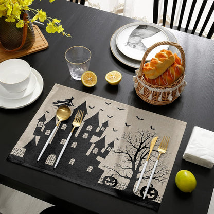 Halloween Placemats Set of 4, Cotton Linen Place Mats with Castle Witch, Pumpkin Lamp, Bat for Dinner Party