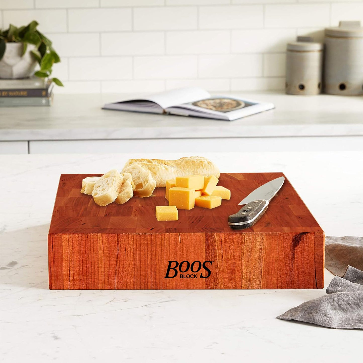 John Boos CCB Series Square Wooden Cherry Cutting Board 14”x14” – 3” Thick, 12-lb Reversible Butcher Block with End-Grain & Finger Grips – Made in the USA