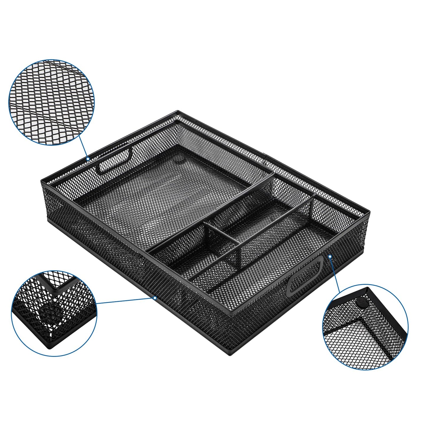 Noamus 3 Pack Office Drawer Organizer, Desk Drawer Divider Tray, Metal Mesh Desktop Basket, 6 Compartments Pen Storage Box for Makeup, Stationery, Office Supplies & Accessories, Kitchen(Black,3 Size)