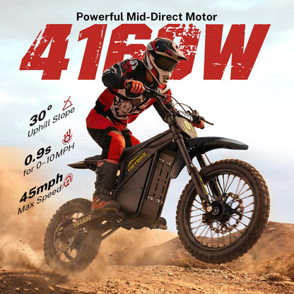 Heybike Villain Electric Dirt Bike, 4160W E Dirt Bike with 52V 26AH Battery, 14"/12" Fat Tire Electric Motorcycle for Teens, Max 45MPH Ebike with Reversing Function（Standard; Inky Black）