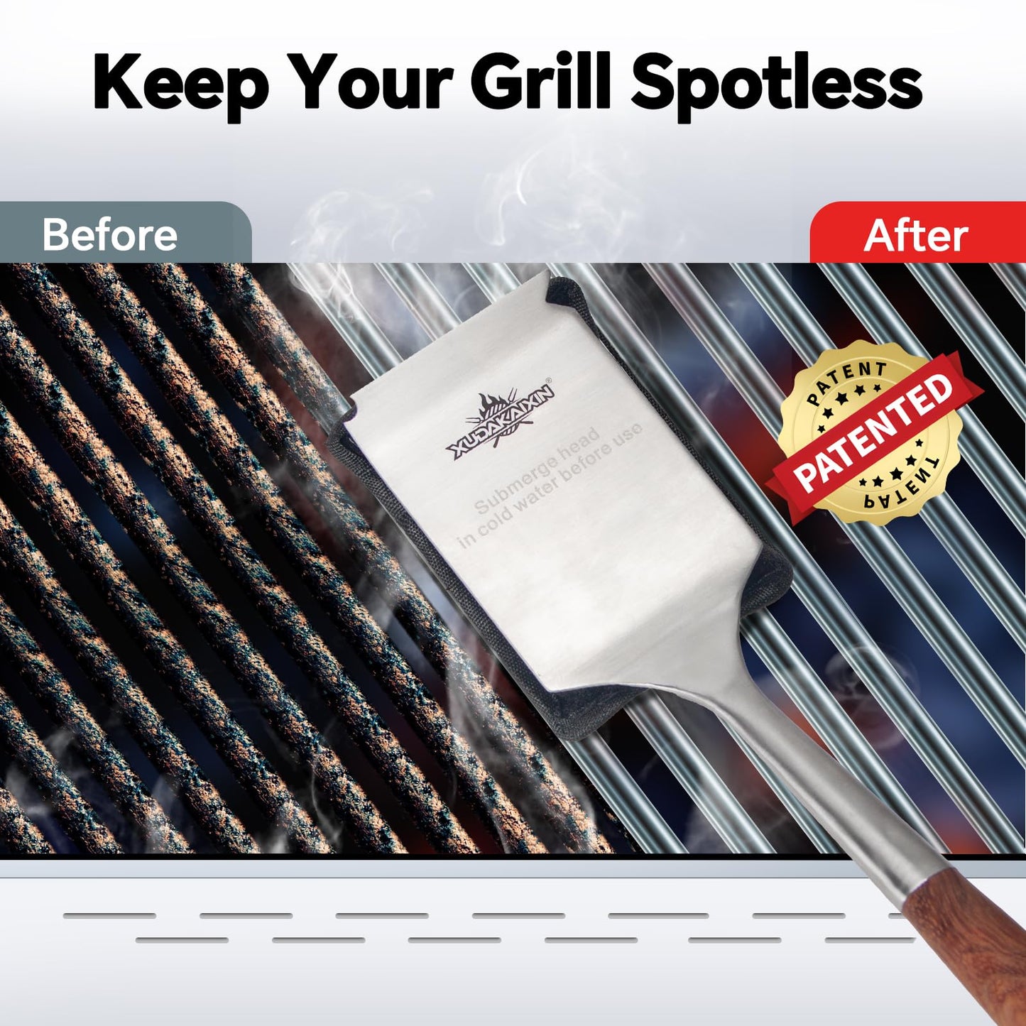 Bristle-Free Steam Cleaning Grill Brush Kit – Luxurious Long Rosewood Handle, Includes 1 Replacement Head – Safe BBQ Grill Cleaning for Outdoor Grill – Great Gift for Men/Dad