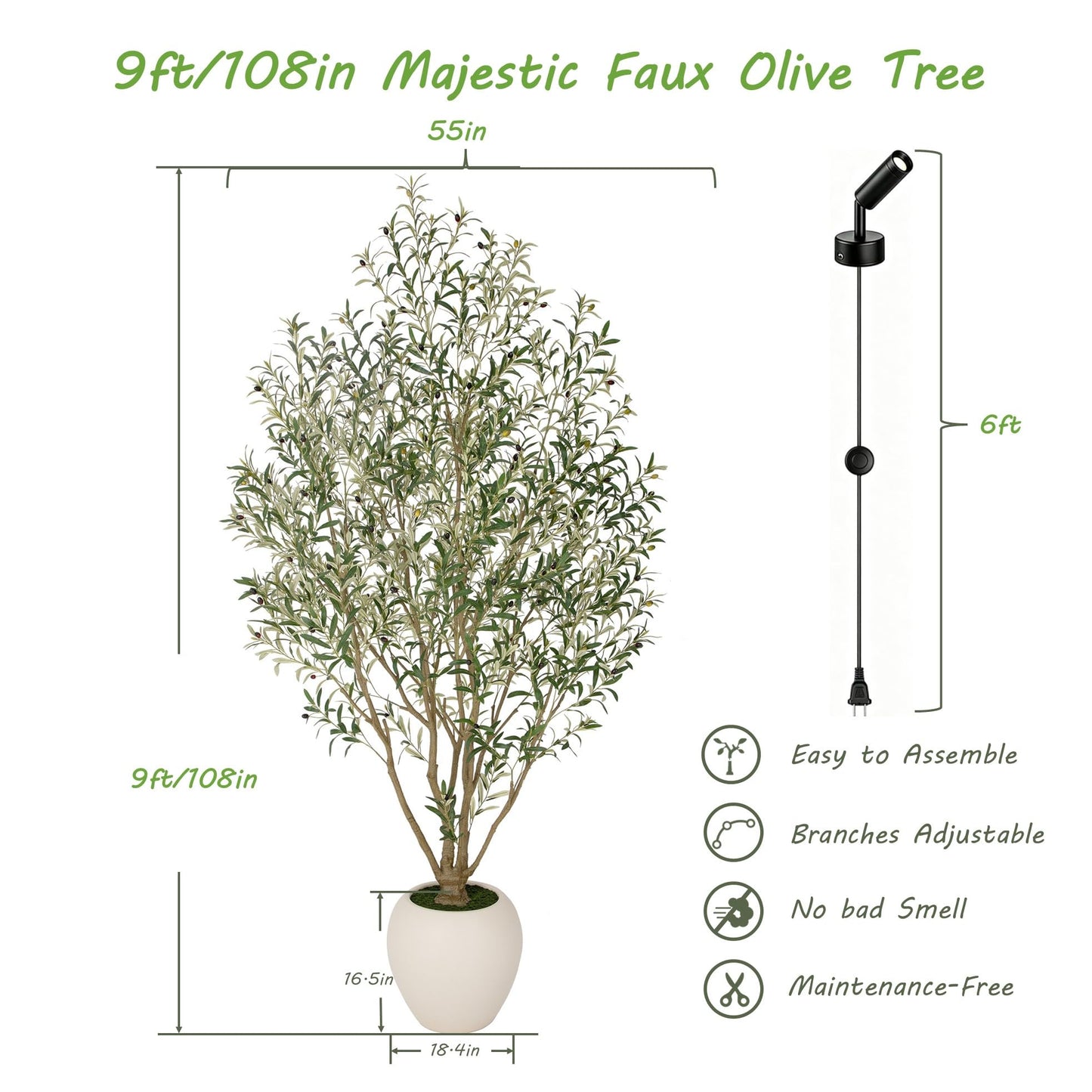 Nafresh 9FT Large Faux Olive Tree with 18.4''Wx16.5''H White Planter & White Spotlight, Olive Trees Artificial Indoor with Multi Branches, Fake Olive Tree for Indoor Outdoor Home Office Decor