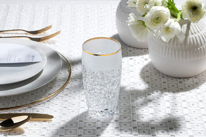 Barski - European Quality Glass - Crystal - Set of 6 - Highball - Hiball Tumblers - 16 oz. - Raindrop Design with Frosted Border and Gold Rim on Tumbler - Glasses are Made in Europe