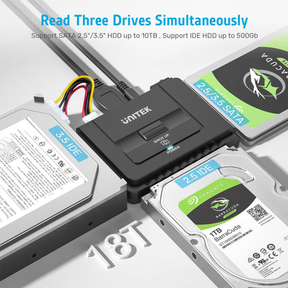 Unitek USB 3.0 to IDE and SATA Converter External Hard Drive Adapter Kit for Universal 2.5/3.5 HDD/SSD Hard Drive Disk, One Touch Backup Function, Included 12V/2A Power Adapter