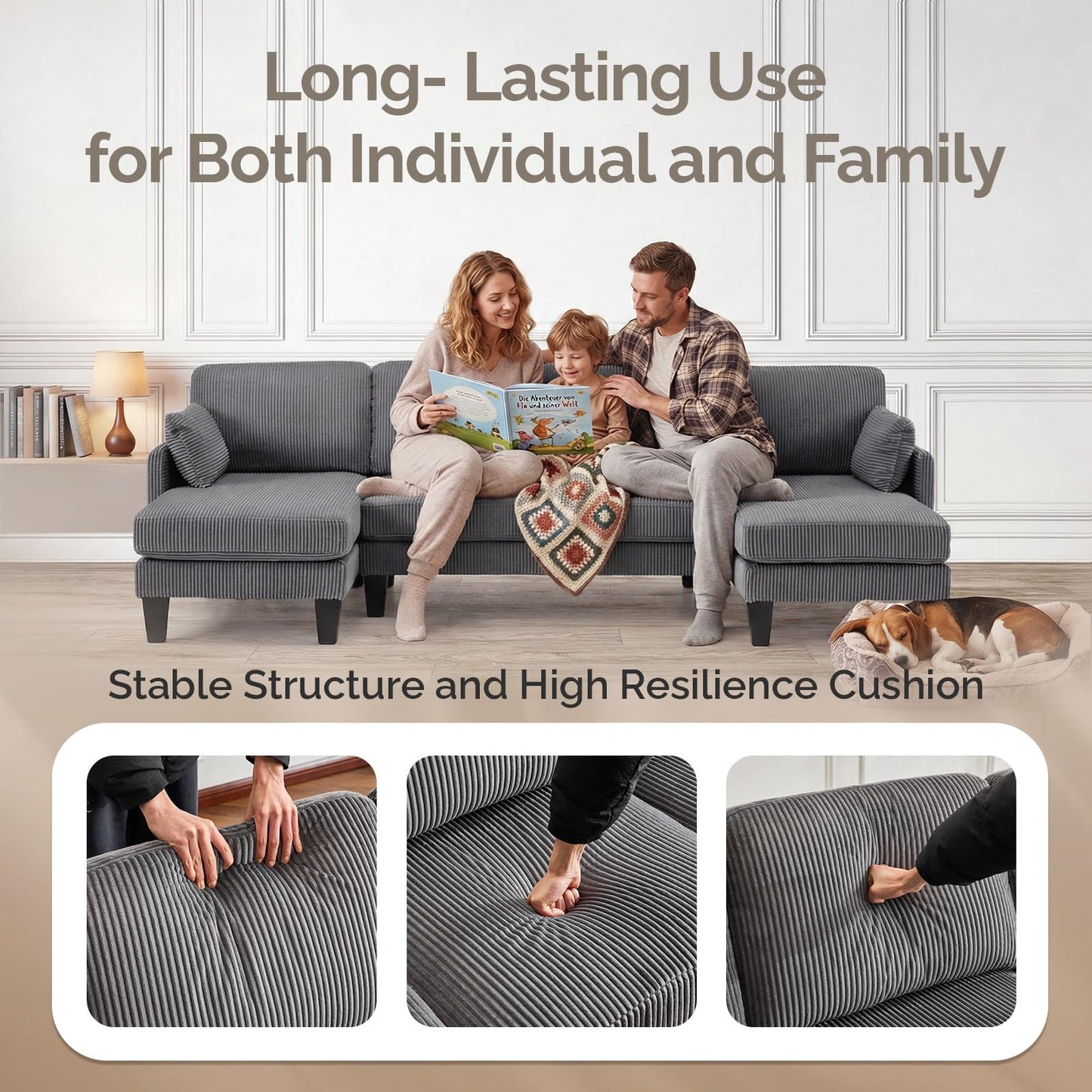 VINGLI 108" W U-Shaped Sectional Couches for Living Room, Sturdy Wooden Armrest Corduroy Cloud Couch with Double Chaise, High Support Modern 4-Seat Sectional Sofa for Apartment, Offices, Dark Grey