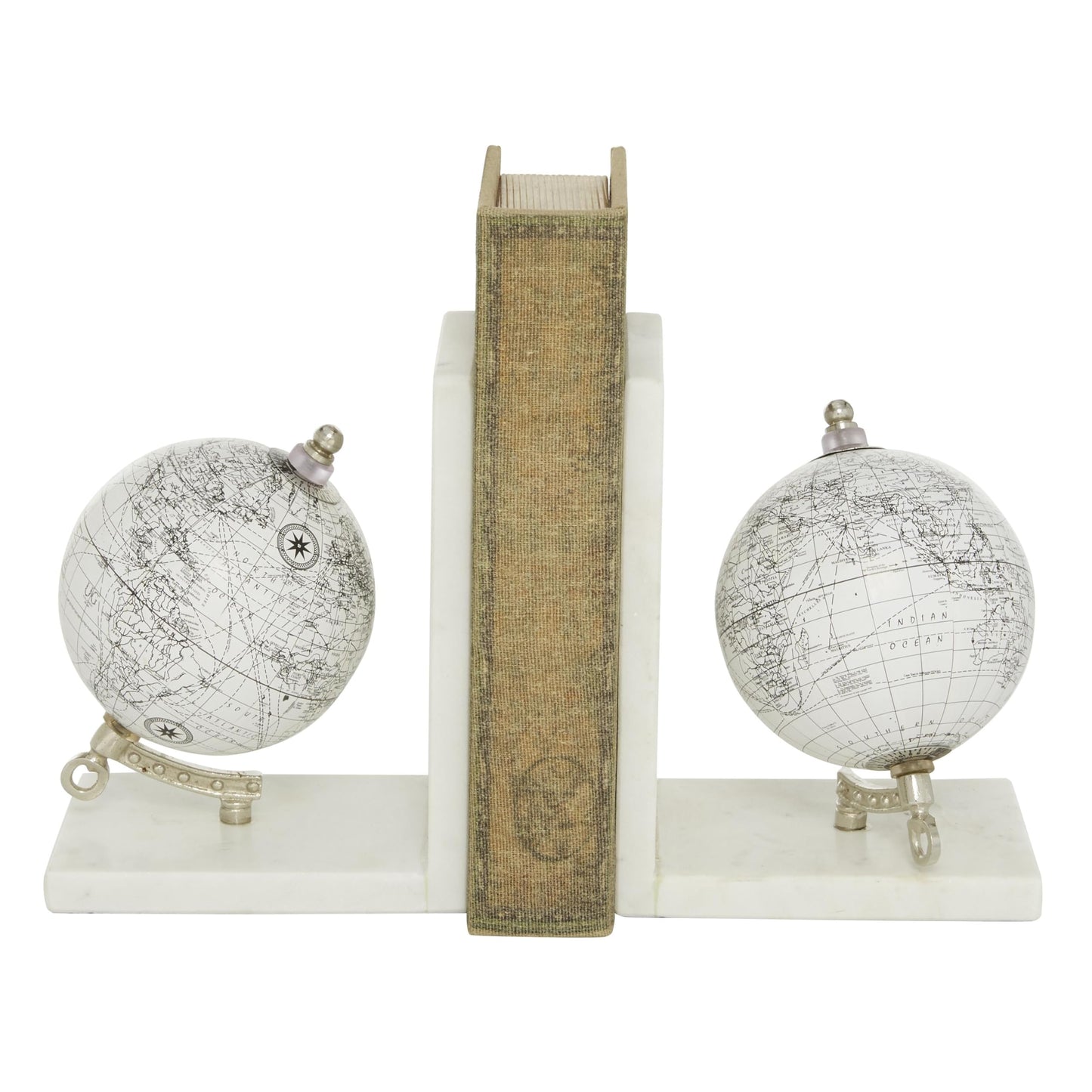 Deco 79 Marble Globe Decorative Bookends Non Skid Bookends with Silver Metal Accents, Set of 2 Office Bookends5"W, 7"H, White