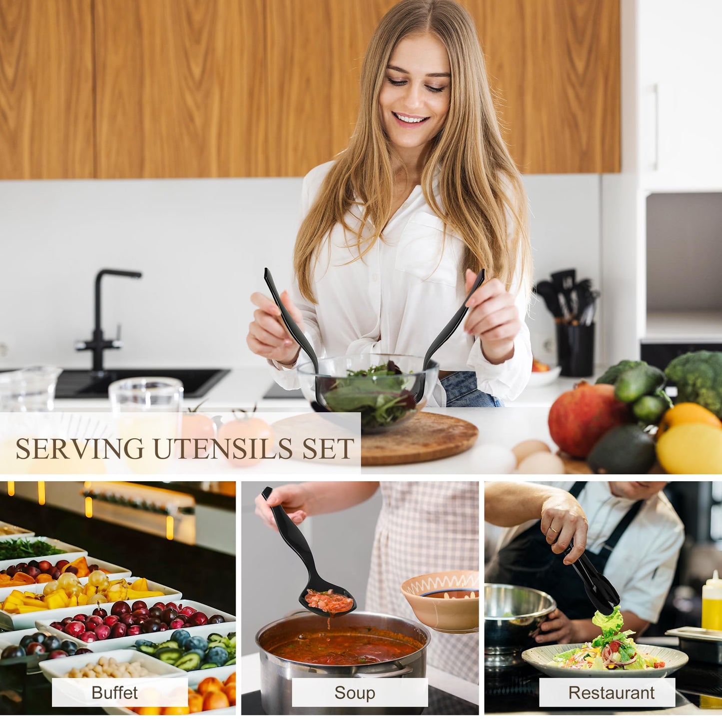 Mwellewm 36Pcs Plastic Serving Utensils Set Large Disposable Serving Spoons Forks Tongs for Serving Food 8.5'' Heavy Duty Black Large Party Utensils Supplies for Buffet Restaurant Dinner Salad Soup