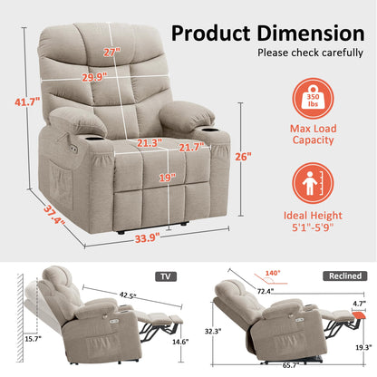 MCombo Power Lift Recliner Chair for Elderly, Electric Lift Chair with Extended Footrest, USB Ports, Cup Holders, Fabric 7287 (Oatmeal, Medium)