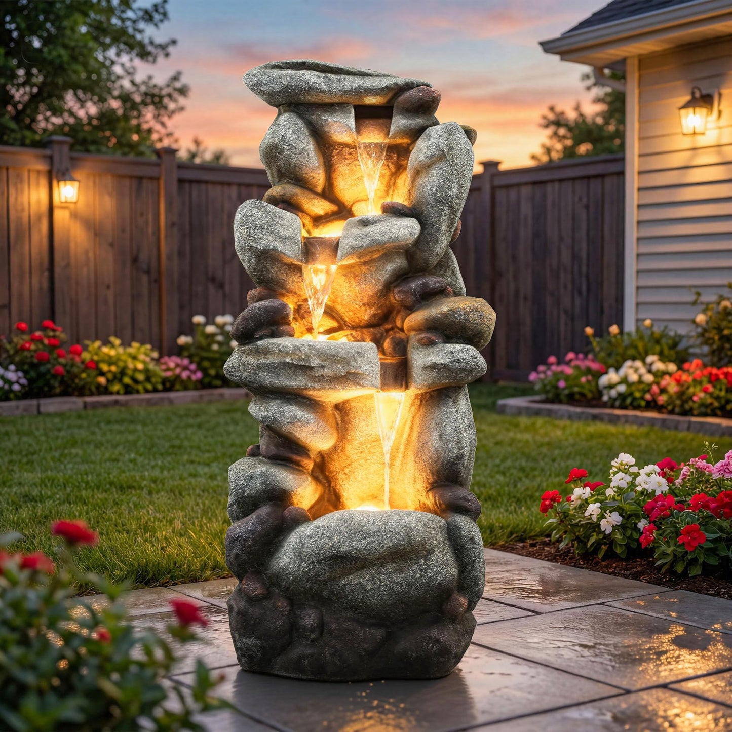 Utym 40" H Oversized Rock Outdoor Fountain with Warm LED Lights, 3-Tier Extra-Large Stacked River Pebbles Waterfall, Weather-Resistant Resin Feature for Garden Patio Yard