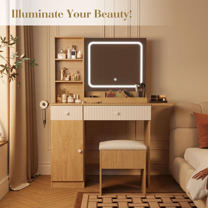 GarveeHome Foldable Makeup Vanity with Lighted Mirror, Vanity Desk with Power Strip, Adjustable Lighting, Drawers and Cushioned Stool, Foldable Panel for Compact Space Bedroom, Natural