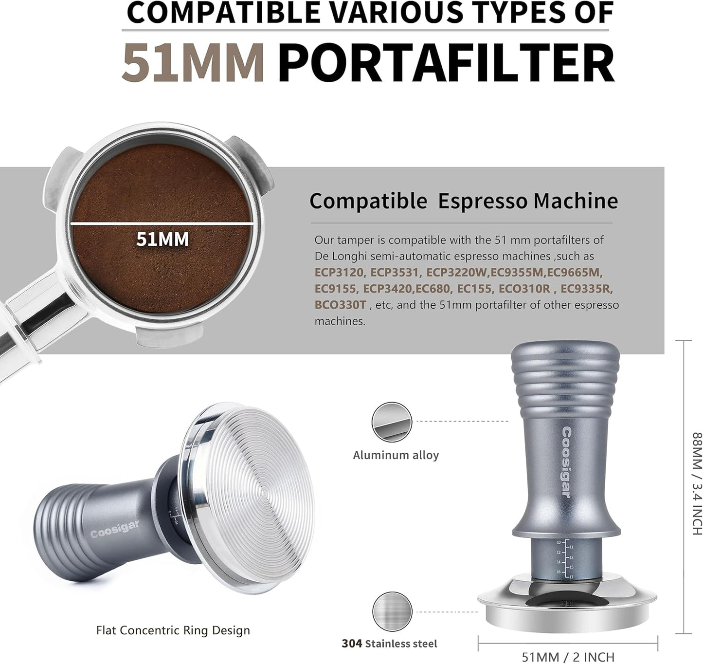 51mm Espresso Tamper, Premium Barista Coffee Tamper with 30lb Calibrated Spring Loaded Stainless Steel