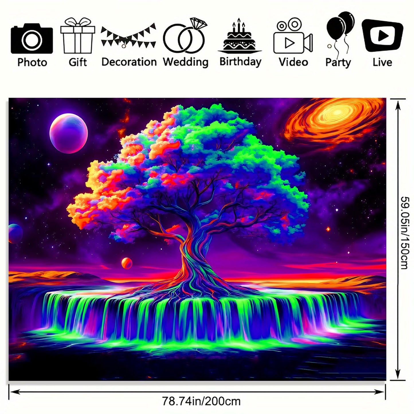 KKYEJLQYI Tree of Life Blacklight Tapestry 79"x 59" with Hanging Kit - Trippy UV Reactive Wall Hanging, Glow in the Dark Sacred Cosmic Nature Tapestry, Hippie Boho Witchy Decor for Bedroom Yoga Meditation