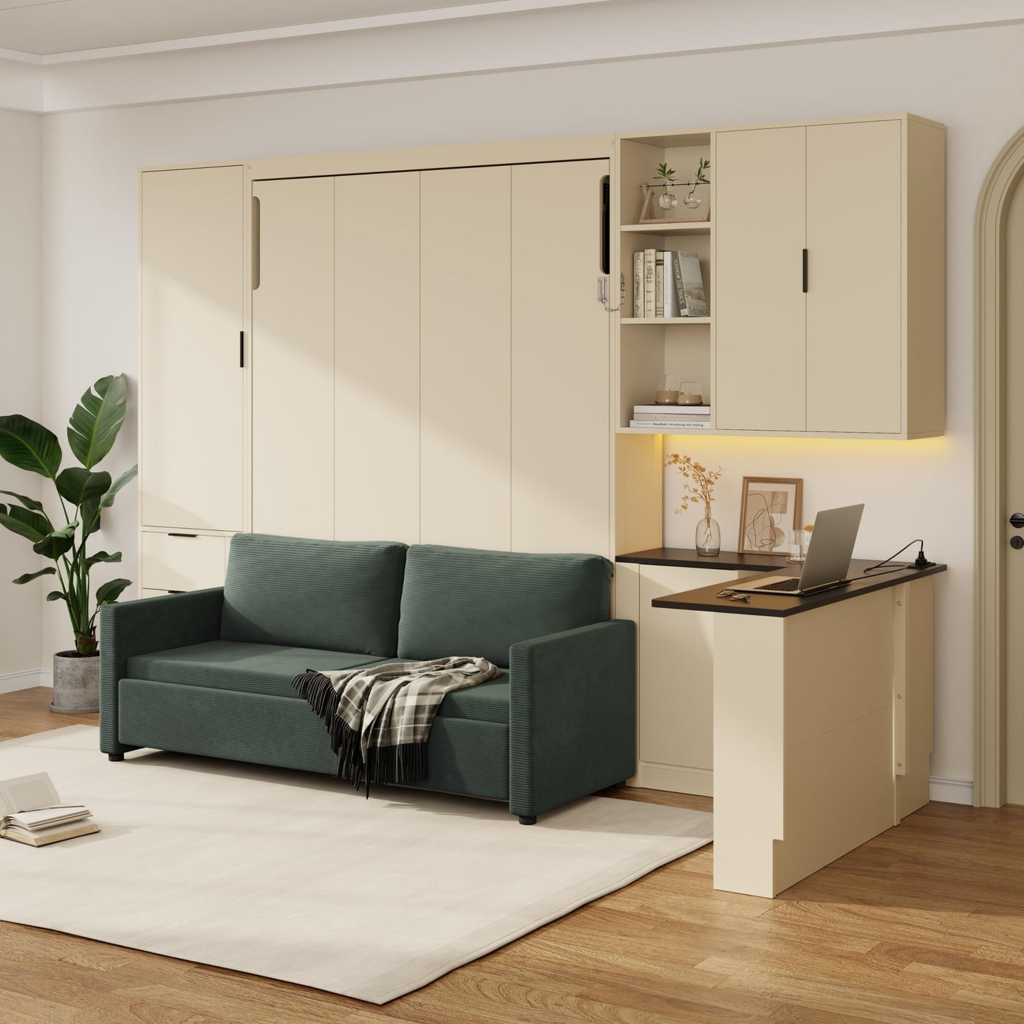 Merax Farmhouse Multi-Functional Murphy Bed with Sofa, Desk & Storage Cabinet,Solid Wood Foldable Wall Bed with/w/USB Charging Station Space Saving/No Box Spring Needed/Queen, Beige + Green