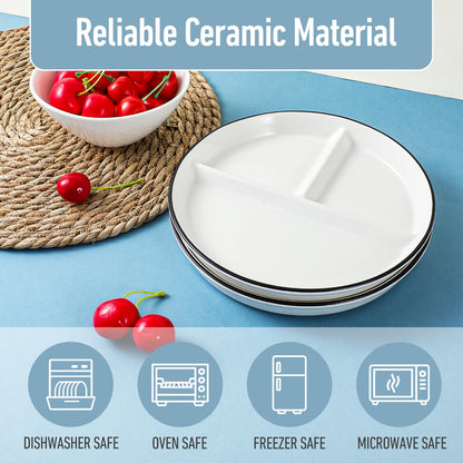 mekueeex Ceramic Divided Plates Set of 2Pcs, 8 Inch Portion Control Plate, Reusable Bariatric Plate for Adults, 3 Compartment Plates, White Dinner Plates for Balanced Meal, Microwave, Dishwasher Safe