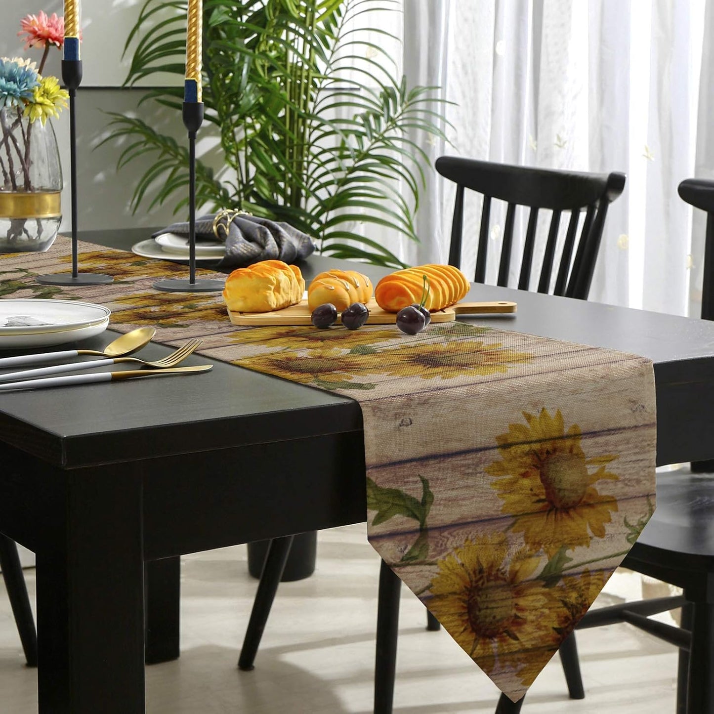 Cotton and Linen Triangle Table Runners, 108 Inches Long, Blooming Sunflowers Dresser Scarves for Wedding Party