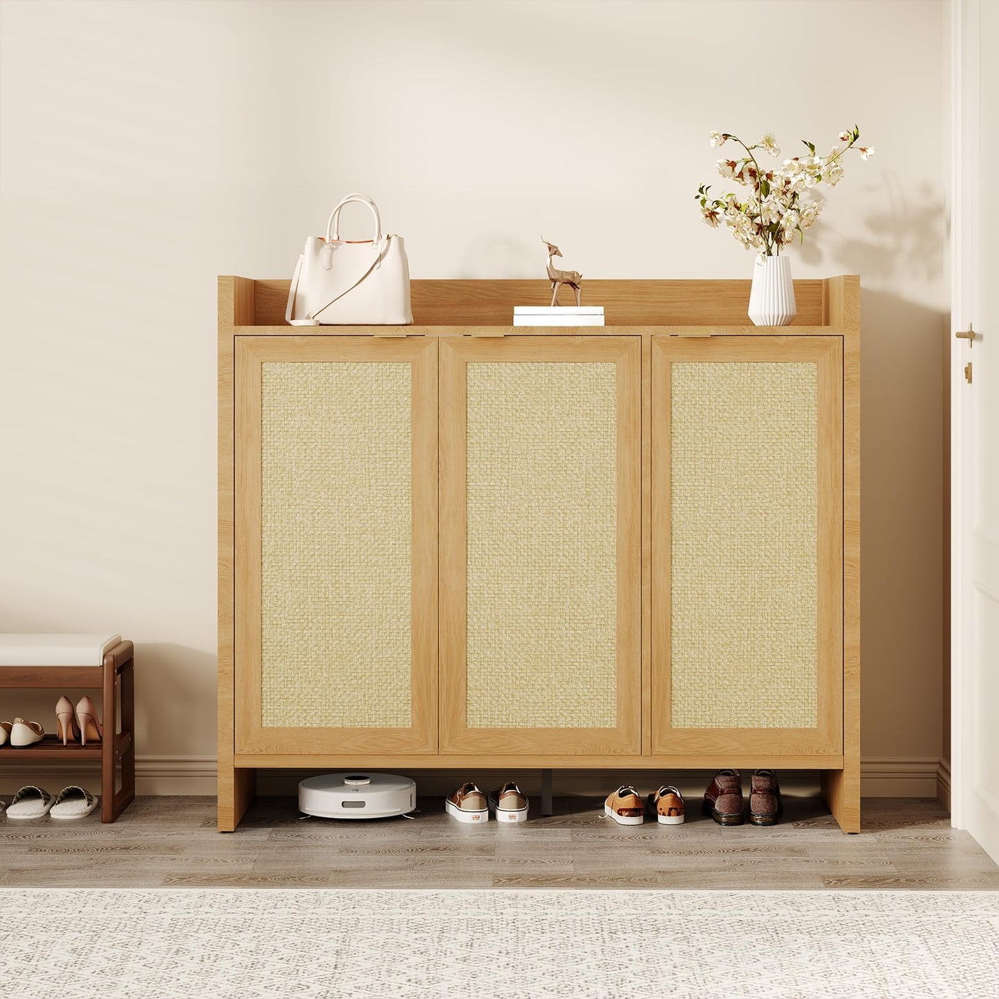 GarveeHome Rattan Shoe Storage Cabinet, Wooden Shoe Rack Organizer Cabinet with 3 Doors and Adjustable Shelves for Entryway Living Room Hallway, Dark Oak