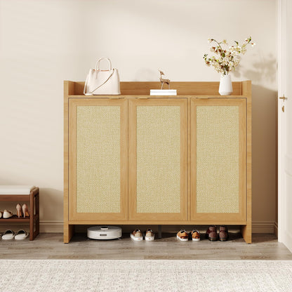 GarveeHome Rattan Shoe Storage Cabinet, Wooden Shoe Rack Organizer Cabinet with 3 Doors and Adjustable Shelves for Entryway Living Room Hallway, Dark Oak