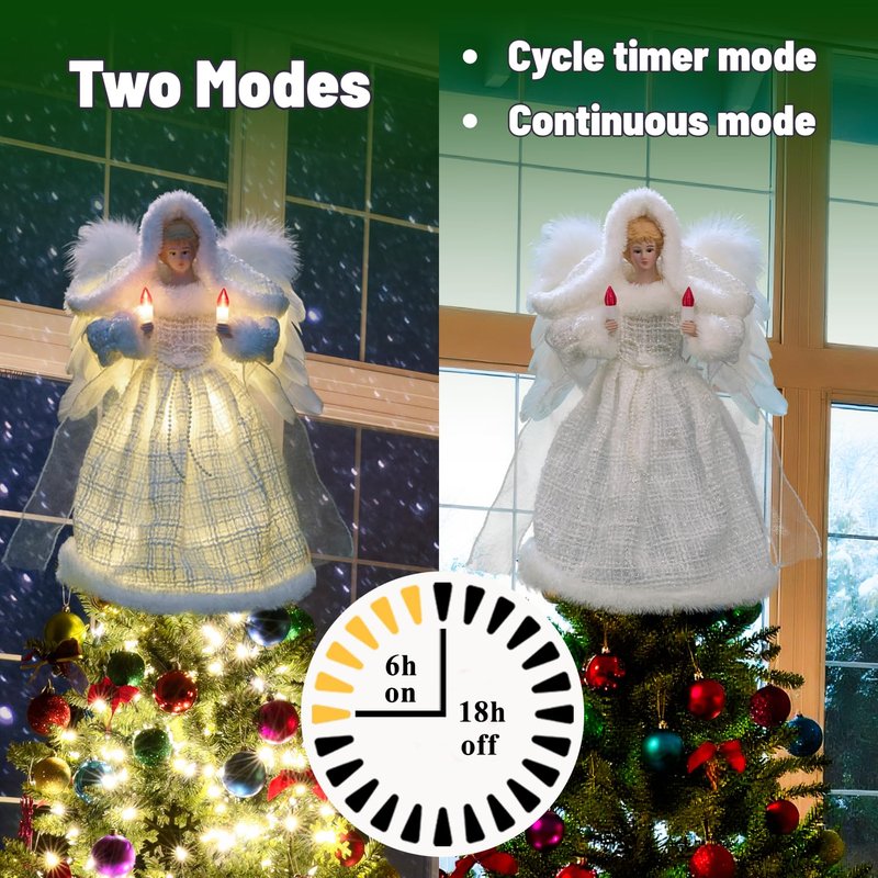 Cyraft Moving Angel Tree Topper with Lights, 12’’ White, Separately Controlled Flapping Wings and Bright LEDs, 6 On / 18 Off Hours Cycle