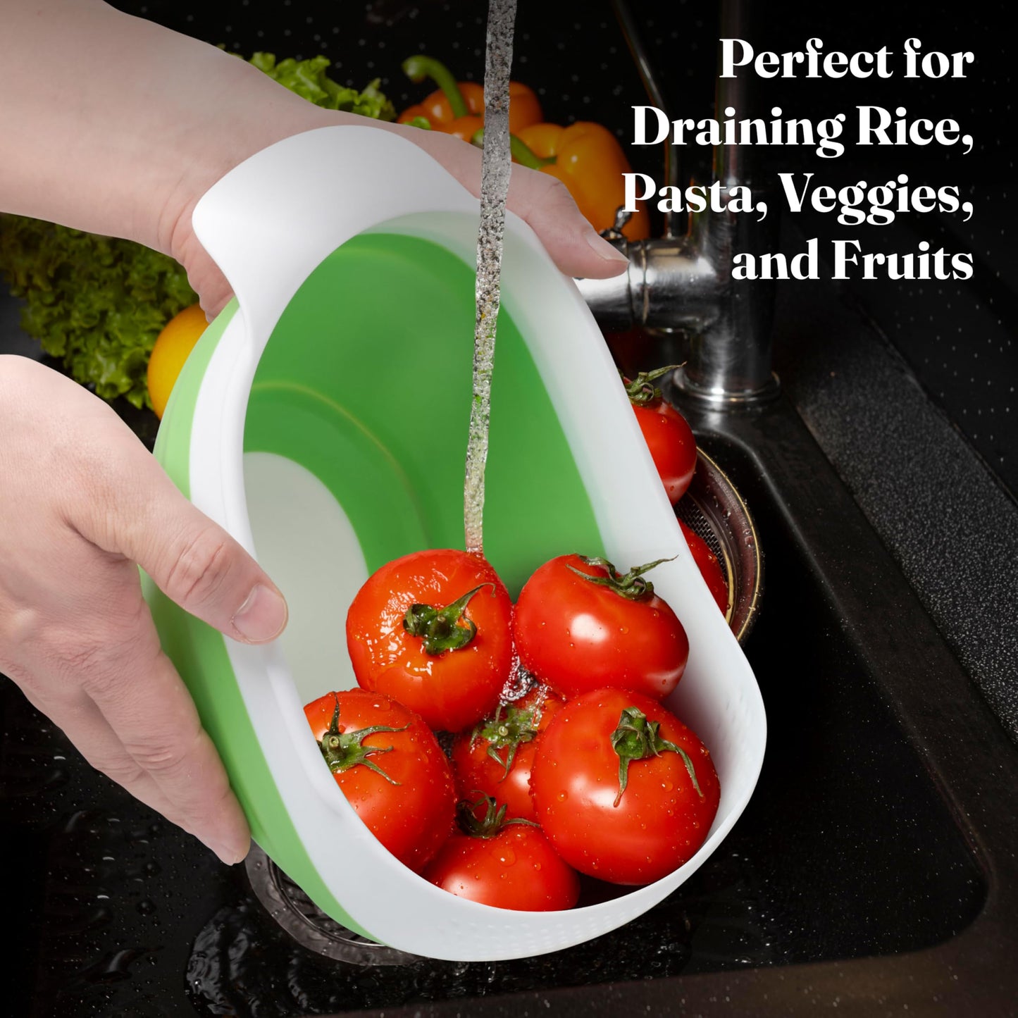 Kitchen Gizmo Collapsible Rice Strainer - Silicone Rice Washer Strainer Bowl - BPA Free - Space Saving Design - Lightweight and Easy to Clean - 9.1 x 7.1in High - Green/Grey