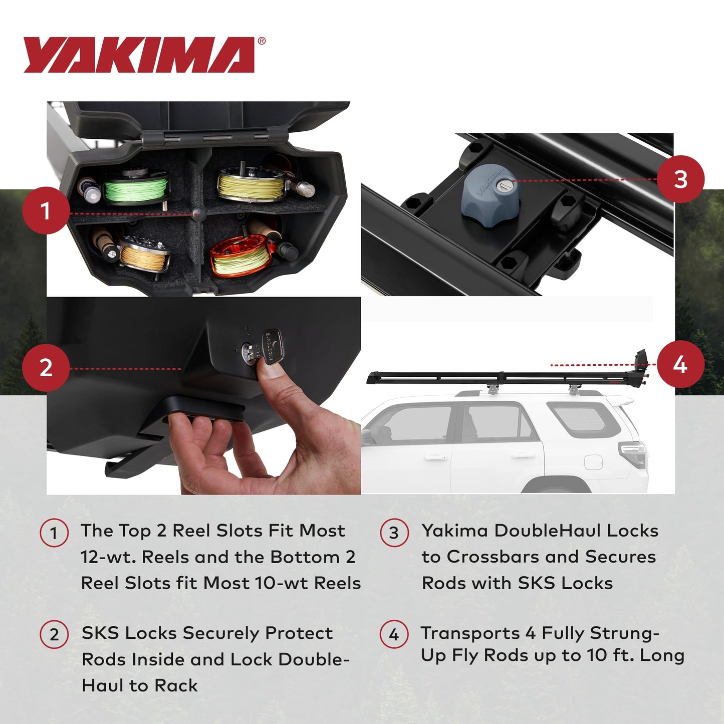 Yakima Rooftop Fly Rod Carrier, Adjustable Length Holder for up to 4 Fly Fishing Poles up to 10 Ft Long – Felt Padding, Reel Box & Tubes for Secure Gear Storage, DoubleHaul