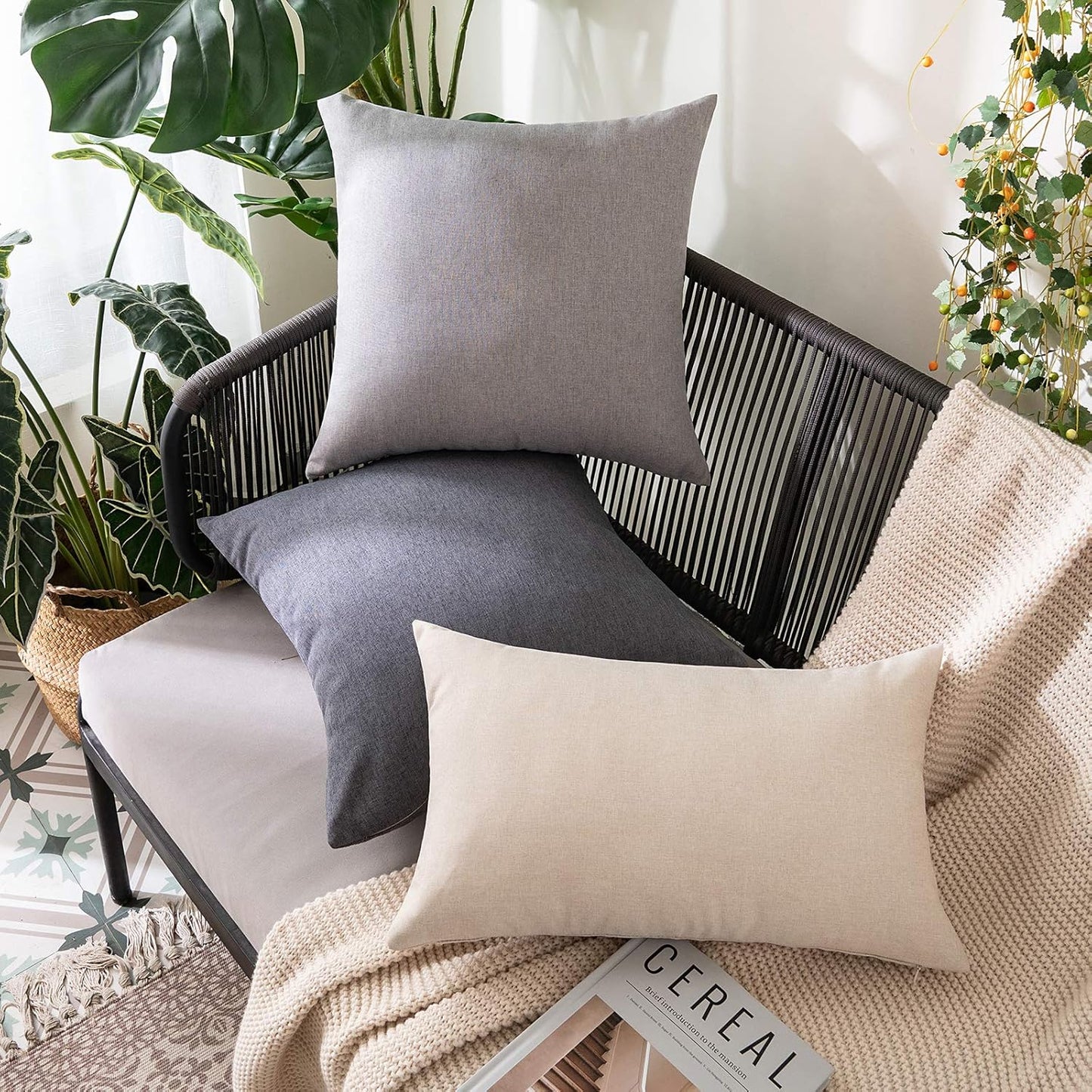 MIULEE Decorative Outdoor Throw Pillow Covers - Waterproof Faux Linen Cushion Cases | 24x24 Inch Dark Grey (Pack of 2)