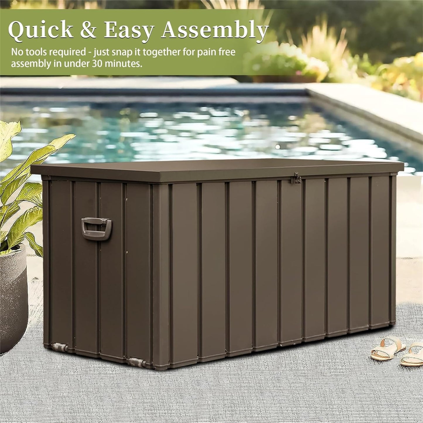 LANTRO JS 160 Gallon Metal Deck Box, Outdoor Storage Box Waterproof with Wheels, Lockable Storage Container for Patio Furniture Cushions Garden Tools, Dark Brown