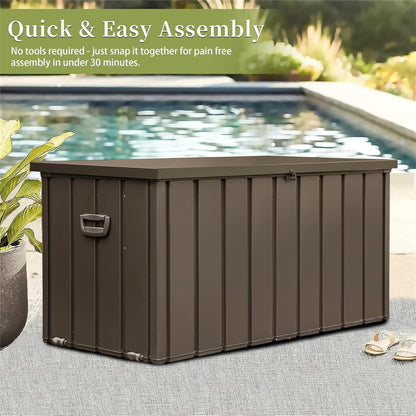 LANTRO JS 160 Gallon Metal Deck Box, Outdoor Storage Box Waterproof with Wheels, Lockable Storage Container for Patio Furniture Cushions Garden Tools, Dark Brown