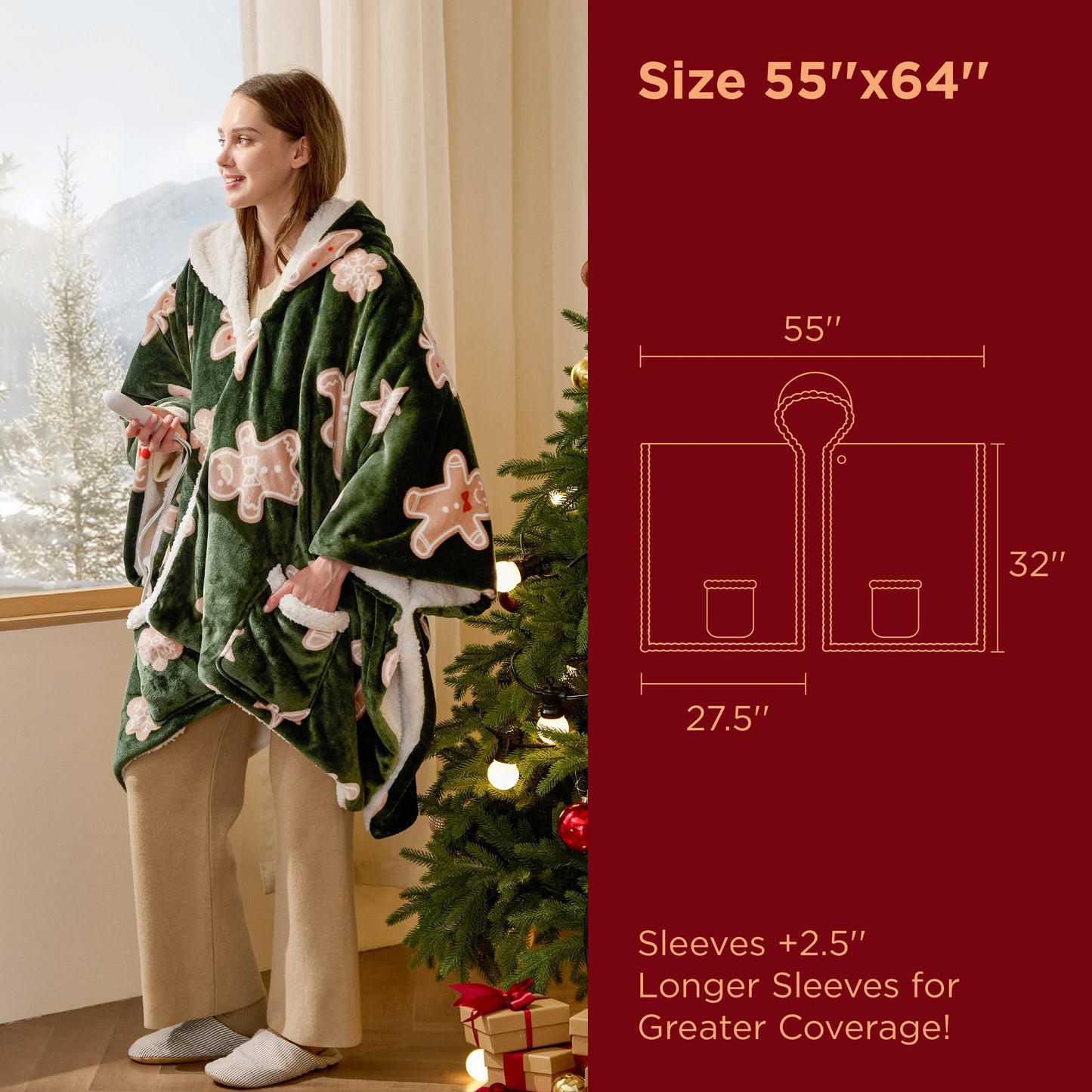 Bedsure Heated Blanket Wearable Shawl - Electric Wrap Poncho Blanket Hoodie for Adult, Birthday Gifts for Mom Women, Sherpa Heating Throw with 4 Time Settings & 6 Heat Settings, 55x64 inches, Grey