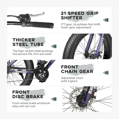 Outroad Mountain Bike Fat Tire with 4-Inch Tire 26 inch Wheels, 21 Speed with High Carbon Steel Frame, Double Disc Brake and Front Suspension Anti-Slip Bikes, Purple