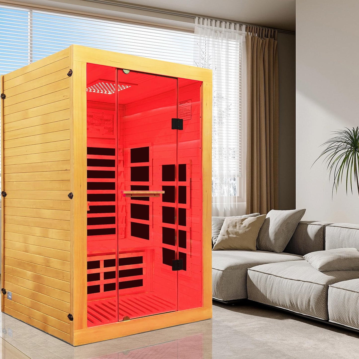 OUTEXER Infrared Sauna 2000W Wooden Saunas Home Spa Room Canadian Hemlock Wood Low-EMF Indoor Saunas with with Red Light Beauty Lamp for Two Person 74.8 * 47.2 * 41.3Inch