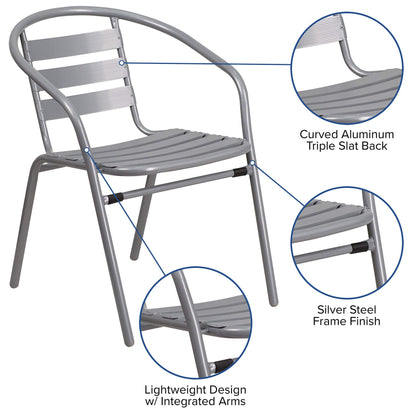 Flash Furniture TLH-0732SQ-017CSV4-GG Lila 31.5'' Square Glass Table with 4 Metal Aluminum Slat Stack Chairs, Silver