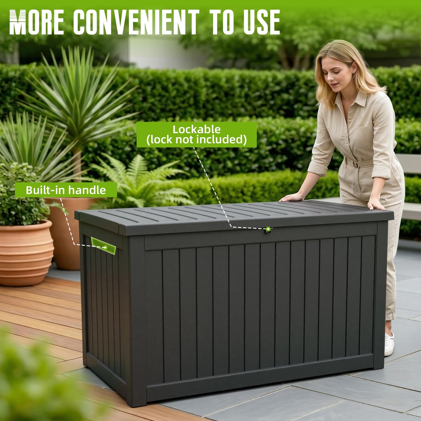 DRATO 280 Gallon Deck Boxes Outdoor Waterproof, Resin Large Lockable Storage Box with Lid, Outdoor Storage Bench Patio Cushions Furniture, Garden Tools, Pool Accessories(Black, 280 Gallon)