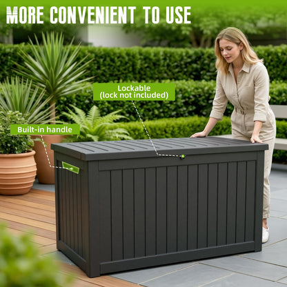 DRATO 280 Gallon Deck Boxes Outdoor Waterproof, Resin Large Lockable Storage Box with Lid, Outdoor Storage Bench Patio Cushions Furniture, Garden Tools, Pool Accessories(Black, 280 Gallon)