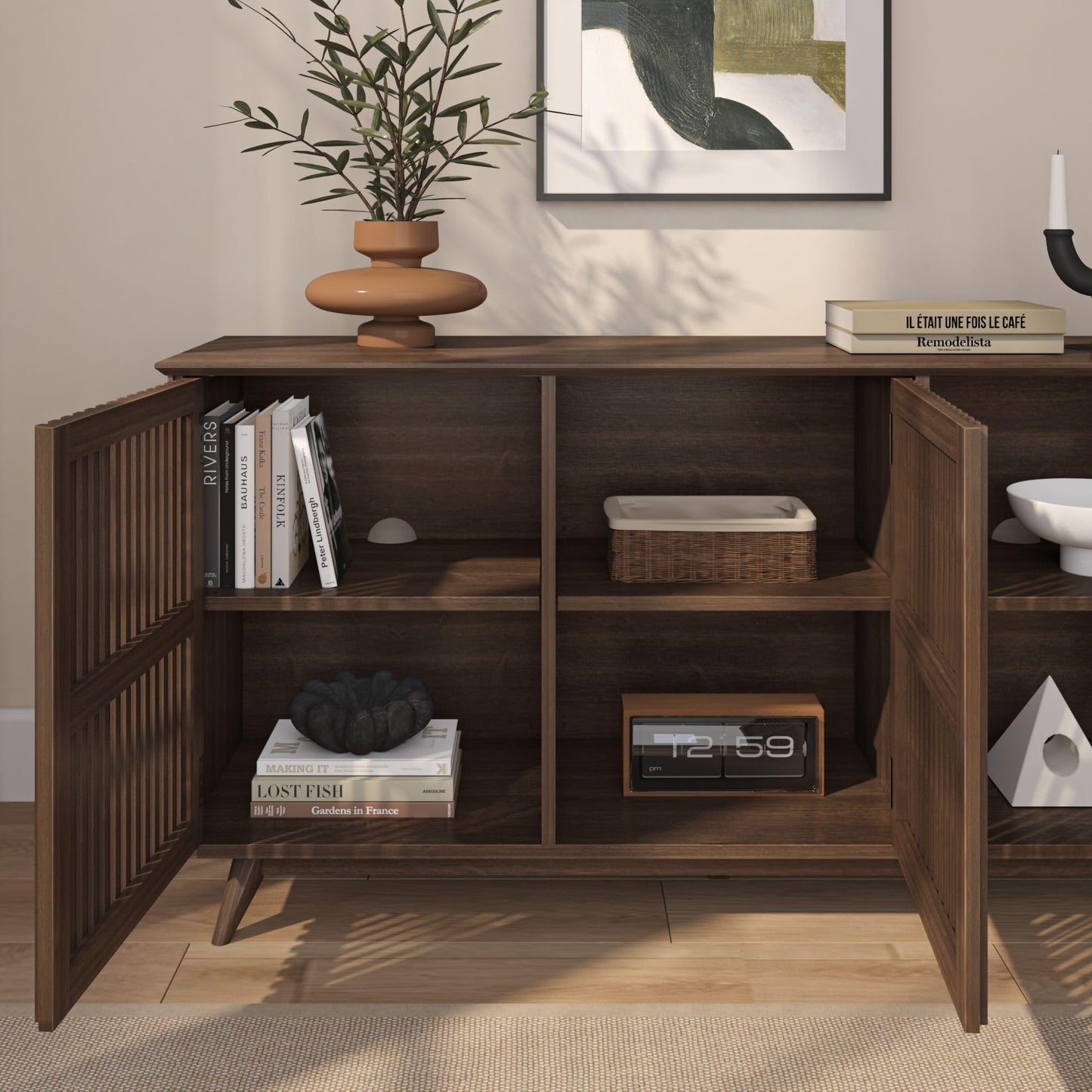 Plank+Beam Mid-Century Modern Wood TV Stand, Three Door Solid Wood Entertainment Console with Storage, 59" L x 16" W x 30" H, Walnut