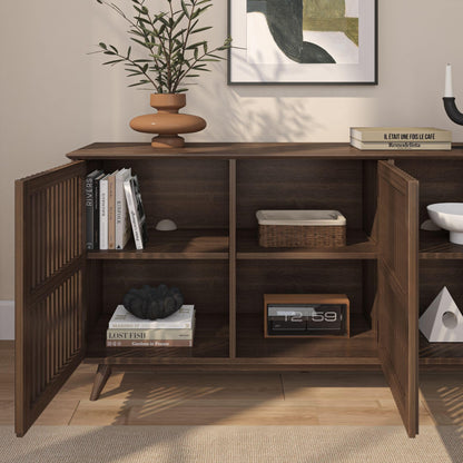 Plank+Beam Mid-Century Modern Wood TV Stand, Three Door Solid Wood Entertainment Console with Storage, 59" L x 16" W x 30" H, Walnut