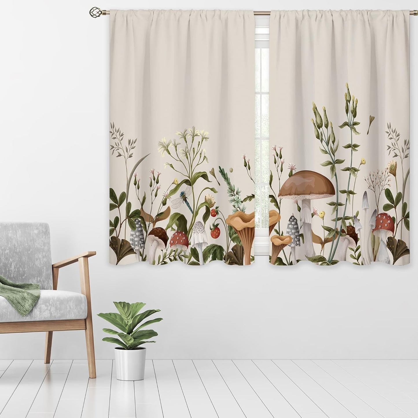 2 42Wx45H Inch Vintage Mushroom Window Curtains Leaves Botanical Rod Pocket Rustic Boho Mushroom Beige Curtain Drapes