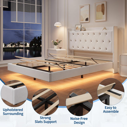 GAOMON Floating Bed Frame Full Size with LED Lights, Velvet Upholstered Platform Full Bed Frame with Wingback Storage Headboard, No Box Spring Needed, Easy Assembly, White