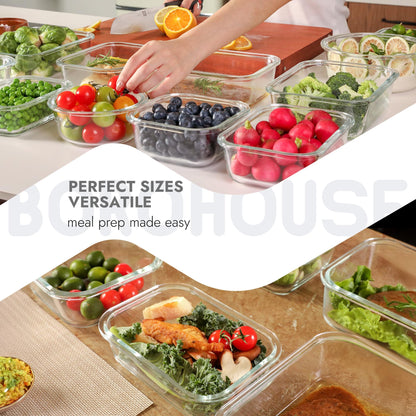 BOROHOUSE 10-Pack Glass Food Storage Containers with Tempered Lids – Borosilicate, Airtight, Oven-Safe (-4°F~950°F), BPA-Free, 4.4 & 1.6 Cup, Leak-Proof, Dishwasher Safe (Gray)
