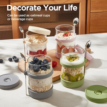 16 oz [2 Pack], Glass Overnight Oats Containers with Lids of Silicone and Spoon Airtight Overnight Oats Jars