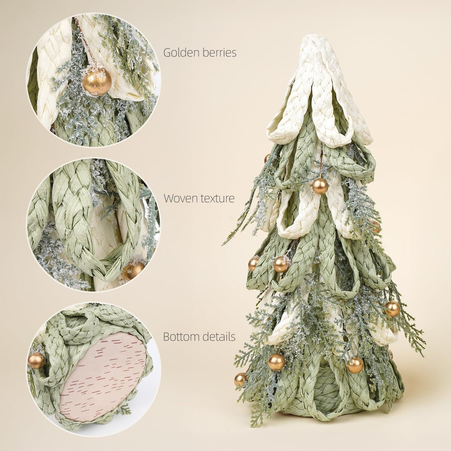 2PCS Hand Woven Christmas Tree Decor, Set of 11.8 Inch and 8.3Inch Tabletop Trees with Golden Berries, Farmhouse Winter Decor for Centerpiece, Mantel, Holiday Home Decorations
