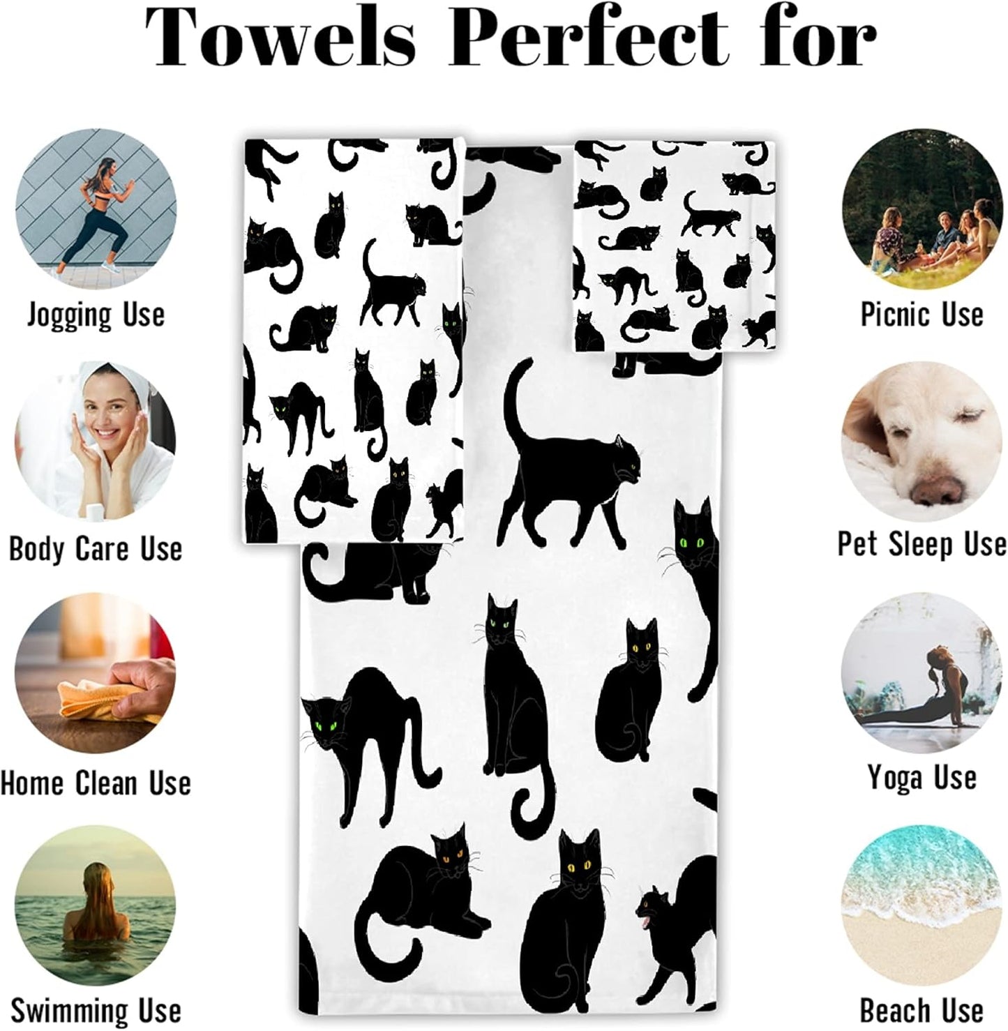 3 Sets, 1 1 1 Set Black Cats Piece Towel Bathroom Bath Towel, Washcloth, Hand Towel, Cotton Fast Dry Soft Absorbent