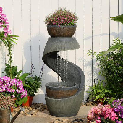 Takamota Outdoor Water Feature Patio Fountain with LED Lights, 31.9" Resin Garden Waterfall Fountain Outdoor, Modern S-Shaped Bowl Design Water Feature for Porch, Garden, Yard, Home Decor, Grey