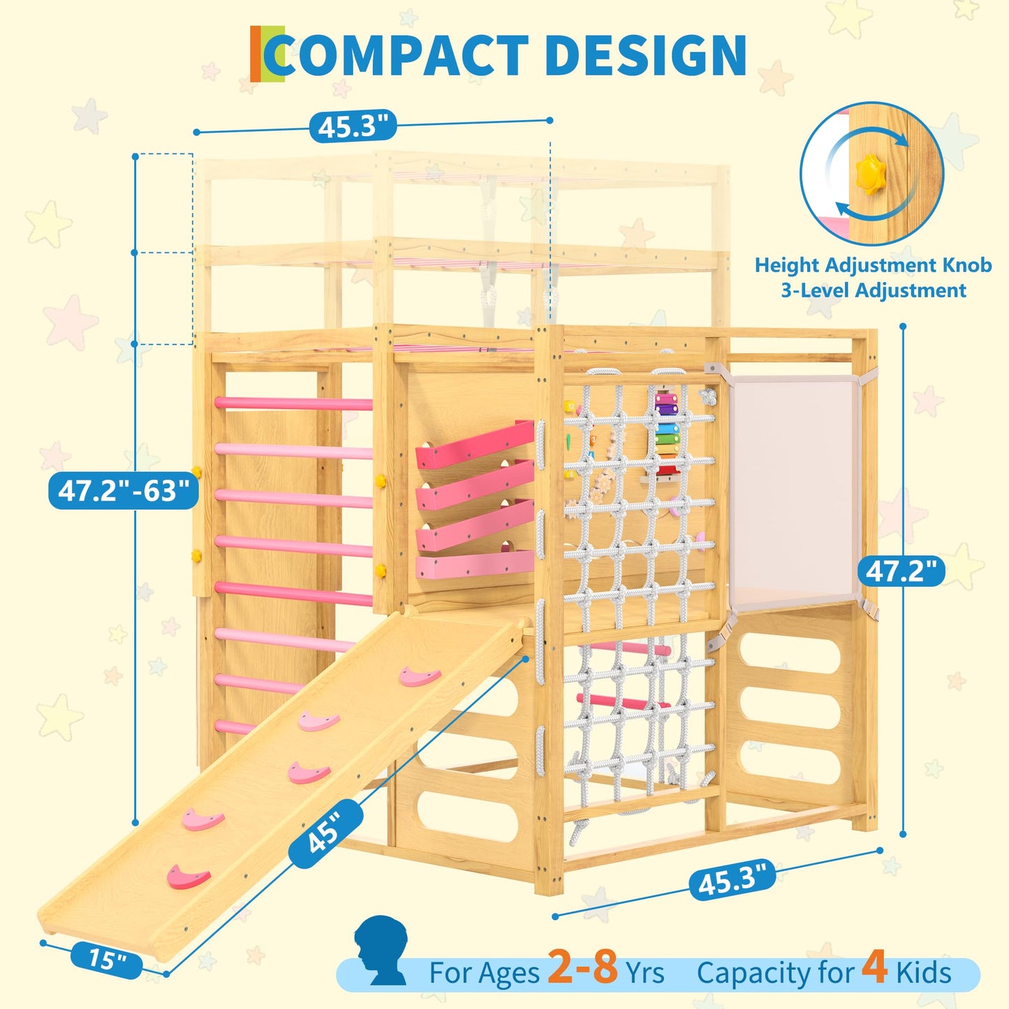 Garvee 9-in-1 Indoor Jungle Gym, Montessori Wooden Indoor Playground for Kids 2-8, Wooden Climbing Structure with Slide, Monkey Bars, Rope Ladder, Rock Wall, Climbing Net, Rings - Natural Wood Pink