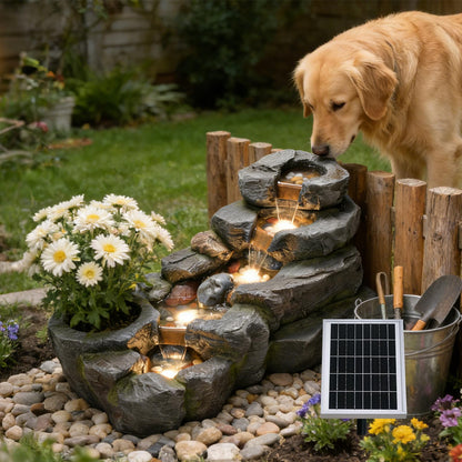 Pivotify 5-Tier Solar Water Fountain Outdoor, 38.2" L Rock Waterfall Fountains Solar Powered Floor Standing Outdoor Water Feature with LED Lights for Patio, Garden,Porch, Yard, Home Art Decor（Grey）