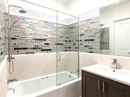 Hominter Modern Iridescent Glass Metal Mosaic Tile Backsplash for Kitchen & Bathroom, White Silver Linear Wall Tiles for Shower, Fireplace & Accent Wall, 3x12 Sample